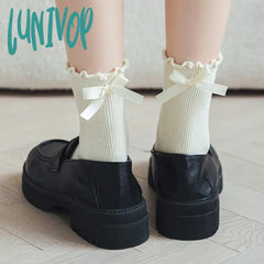 Lunivop Bow Lace Socks Women’s Middle Tube Lolita Style Pile Fashion Simple Solid Color Autumn