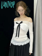 Lunivop Bow Off Shoulder Long Sleeve Top Y2K Coquette White Tshirts Women Fitted Tee Korean Style