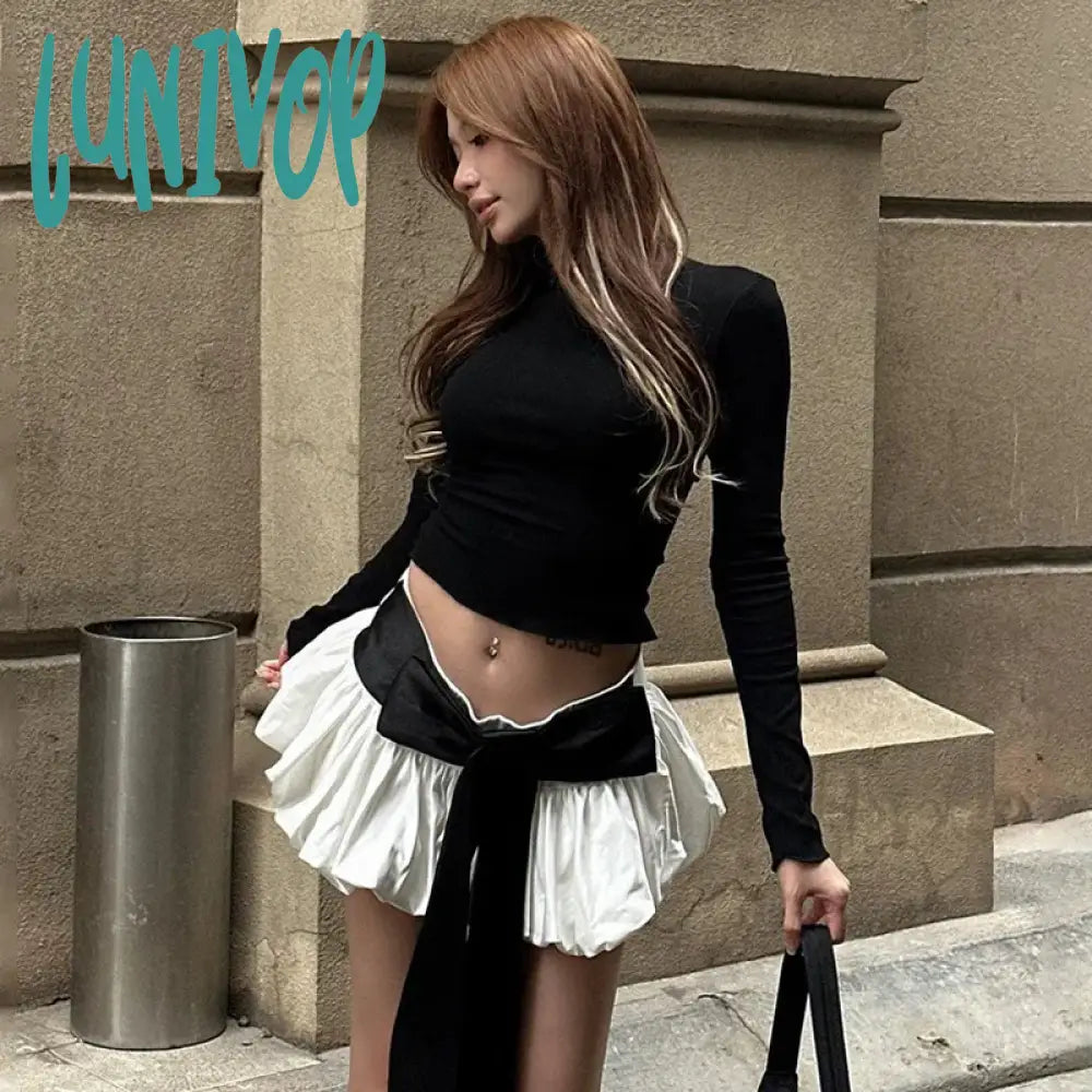 Lunivop Bow Skirt Sets For Women Sexy Backless Bandage Lace Up Shirt Femme Fashion Folds Mini