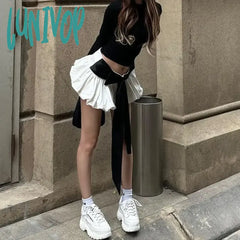 Lunivop Bow Skirt Sets For Women Sexy Backless Bandage Lace Up Shirt Femme Fashion Folds Mini