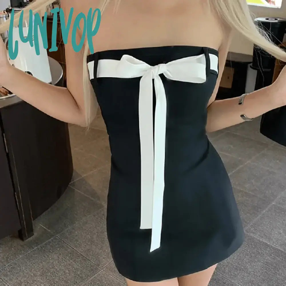 Lunivop Bow Tie Tube Top Backless Mini Dresses For Women Y2K Sexy Cute Black Dress Party Night Club