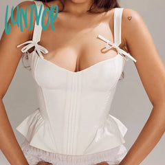 Lunivop Bow V-Neck Solid Color Slim Camisole For Women Elegant High Waisted Patchwork Sleeveless