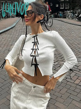 Lunivop Bows Cutout Long Sleeved Cropped Top Female Fashion Thin Slim Knitted T-Shirt Pulover Sexy