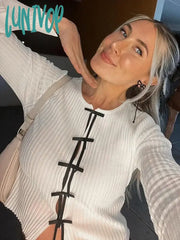 Lunivop Bows Cutout Long Sleeved Cropped Top Female Fashion Thin Slim Knitted T-Shirt Pulover Sexy