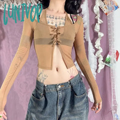 Lunivop Bows Halterneck Long Sleeve Crop Tops Y2K Streetwear See Through Mesh T Shirts For Woman