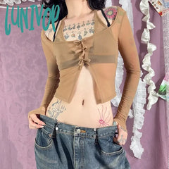 Lunivop Bows Halterneck Long Sleeve Crop Tops Y2K Streetwear See Through Mesh T Shirts For Woman