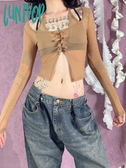 Lunivop Bows Halterneck Long Sleeve Crop Tops Y2K Streetwear See Through Mesh T Shirts For Woman