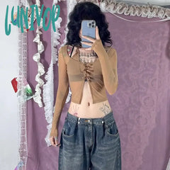 Lunivop Bows Halterneck Long Sleeve Crop Tops Y2K Streetwear See Through Mesh T Shirts For Woman