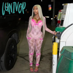 Lunivop Bows Lace Mesh See Through Long Jumpsuit One Pieces Sexy Club Outfits For Women New Fashion