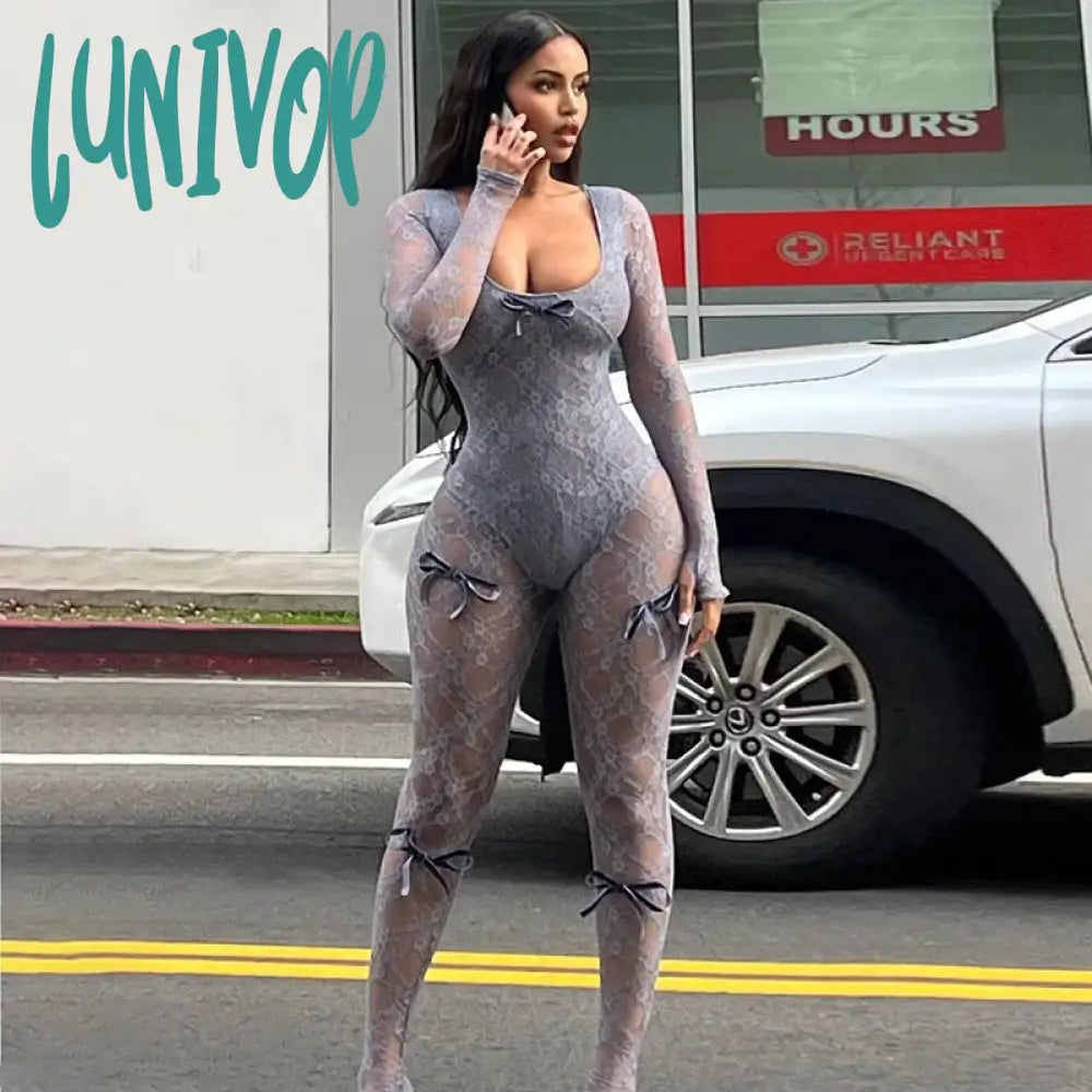 Lunivop Bows Lace Mesh See Through Long Jumpsuit One Pieces Sexy Club Outfits For Women New Fashion