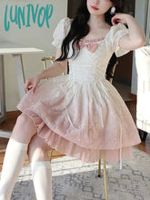 Lunivop Bubble Sleeve Kawaii Lolita Mini Dress Women Pink Bow Princess Sweet Party Cute A-Line