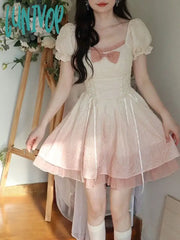 Lunivop Bubble Sleeve Kawaii Lolita Mini Dress Women Pink Bow Princess Sweet Party Cute A-Line