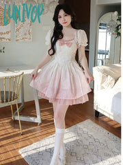 Lunivop Bubble Sleeve Kawaii Lolita Mini Dress Women Pink Bow Princess Sweet Party Cute A-Line