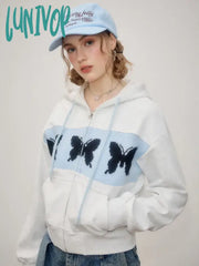 Lunivop Butterfly Graphic Print Crop Hoodies Women Korean Style Y2K Zip Up Hooded Sweatshirts
