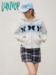 Lunivop Butterfly Graphic Print Crop Hoodies Women Korean Style Y2K Zip Up Hooded Sweatshirts