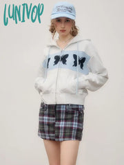 Lunivop Butterfly Graphic Print Crop Hoodies Women Korean Style Y2K Zip Up Hooded Sweatshirts