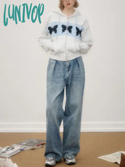 Lunivop Butterfly Graphic Print Crop Hoodies Women Korean Style Y2K Zip Up Hooded Sweatshirts