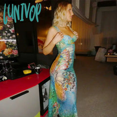 Lunivop Butterfly Print Lace Mesh Cut Out Summer Dress Transparent Y2K Fairycore Sleeveless Long