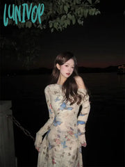 Lunivop Butterfly Print Skew Collar Dresses Y2K E-Girl Irregular Slim Waist Dress For Women Spring