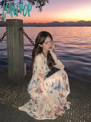 Lunivop Butterfly Print Skew Collar Dresses Y2K E-Girl Irregular Slim Waist Dress For Women Spring