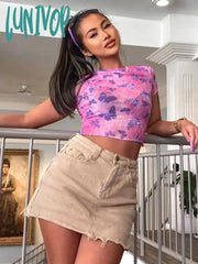 Lunivop Butterfly Printed Pink Mesh Sheer Cute T Shirt For Girls Graphic Tees Trendy Clothes 2024