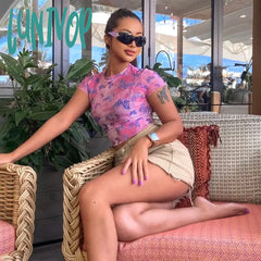 Lunivop Butterfly Printed Pink Mesh Sheer Cute T Shirt For Girls Graphic Tees Trendy Clothes 2024