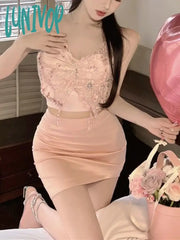 Lunivop Butterfly Vintage Elegant Two Piece Set Women Lace Korean Sexy Mini Skirts Suit Female Chic