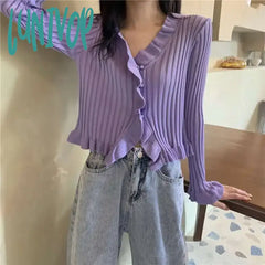 Lunivop Cardigan Women Crop Top New Solid Streetwear Ruffles V-Neck Navel Sweater Knitted Sexy Wild