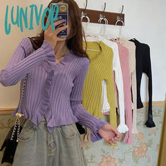 Lunivop Cardigan Women Crop Top New Solid Streetwear Ruffles V-Neck Navel Sweater Knitted Sexy Wild