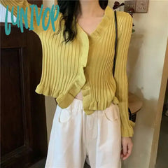 Lunivop Cardigan Women Crop Top New Solid Streetwear Ruffles V-Neck Navel Sweater Knitted Sexy Wild