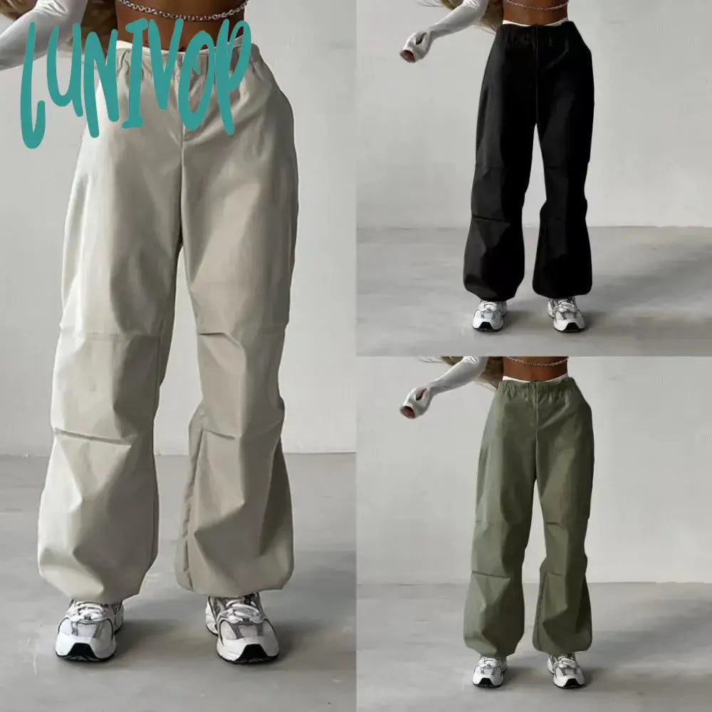 Lunivop Cargo Pants Baggy Wide Leg Straight Trousers Women Drawstring Joggers Streetwear Y2K Summer