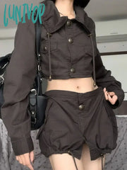 Lunivop Cargo Solid Simple Cropped Coats Drawstring Pockets Women Streetwear Y2K Jackets Korean
