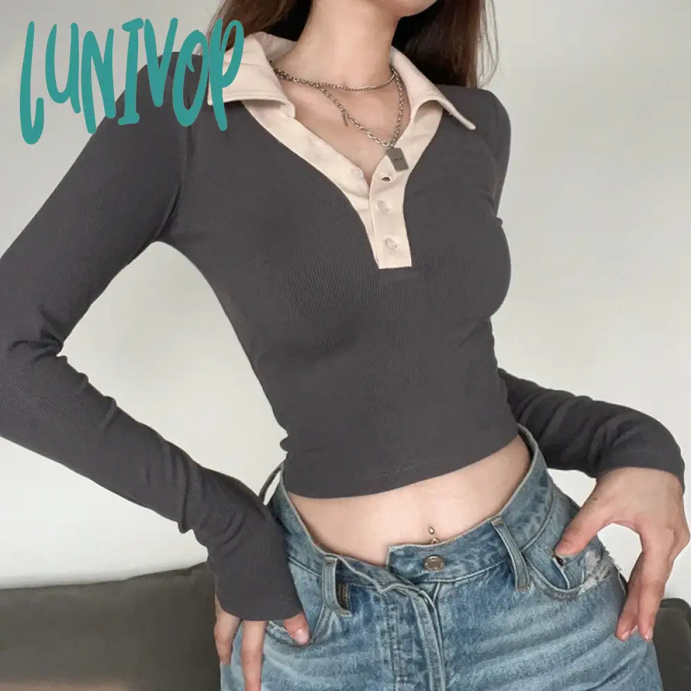 Lunivop Casual Basic Knit Korean Clothes Long Sleeve Crop Tops Skinny Autumn T Shirt Women Femme
