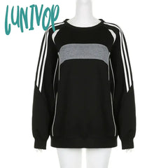 Lunivop Casual Black Patchwork Tops For Women Loose Long Sleeve O Neck Sweatshirt Autumn Y2K