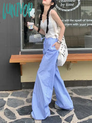 Lunivop Casual Blue Striped Pants Women Y2K High Waist Wide Leg Trousers Oversized Korean Style