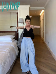 Lunivop Casual Blue Striped Pants Women Y2K High Waist Wide Leg Trousers Oversized Korean Style