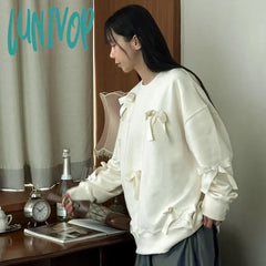 Lunivop Casual Bows Patchwork Sweatshirts Women’s Loose Long Sleeve Fashion O Neck Top Solid