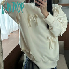 Lunivop Casual Bows Patchwork Sweatshirts Women’s Loose Long Sleeve Fashion O Neck Top Solid