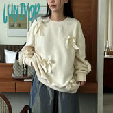 Lunivop Casual Bows Patchwork Sweatshirts Women’s Loose Long Sleeve Fashion O Neck Top Solid