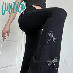 Lunivop Casual Dragonfly Embroidered Flare Pants Y2K Gothic High Waist Slim-Fitting Boot Cut Women