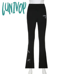 Lunivop Casual Dragonfly Embroidered Flare Pants Y2K Gothic High Waist Slim-Fitting Boot Cut Women