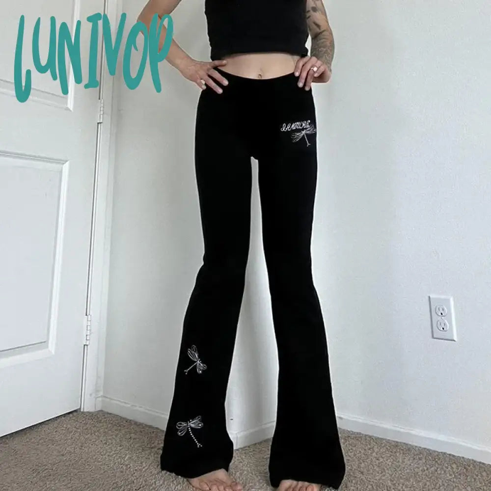 Lunivop Casual Dragonfly Embroidered Flare Pants Y2K Gothic High Waist Slim-Fitting Boot Cut Women