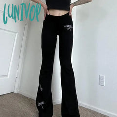 Lunivop Casual Dragonfly Embroidered Flare Pants Y2K Gothic High Waist Slim-Fitting Boot Cut Women