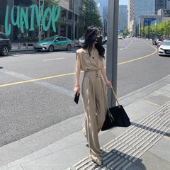 Lunivop Casual Fashion Summer Sleeveless Drawstring Sports Top + High Waist Wide Leg Pants Set