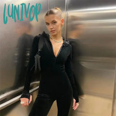 Lunivop Casual Fashion Velvet Hooded Zipper Jumpsuits Women Rompers Club Party One Piece Outfits