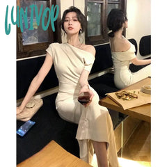Lunivop Casual Fashion Women Elegant Bodycon Slim Midi Party Dress Sexy Vintage Prom Birthday