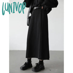 Lunivop Casual Fashion Women’s Skirts Loose High Waist Pleated Straight Tube Skirt Slit Black