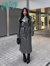 Lunivop Casual Faux Leather Lace Up Overcoat Lady Elegant Lapel Collar Button Pockets Jacket Winter