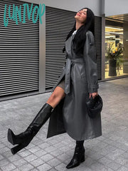 Lunivop Casual Faux Leather Lace Up Overcoat Lady Elegant Lapel Collar Button Pockets Jacket Winter