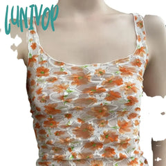 Lunivop Casual Floral Mesh Tank Tops See Through Sexy Slim Slash Neck Sleeveless Women 2024 Summer